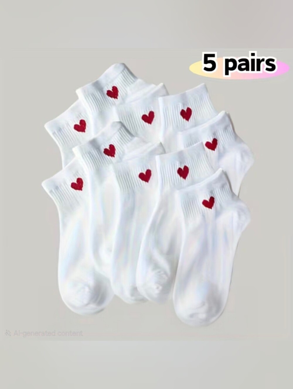 NWT 5 Pairs White Athletic Socks w/ Red Hearts on Cuff - Fits Womens Shoe Sz 5-8
